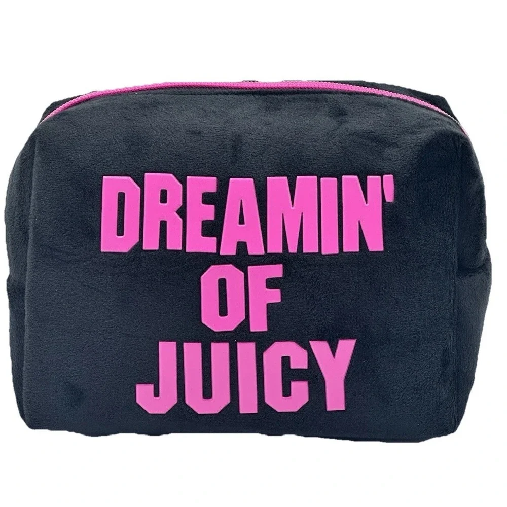 Juicy Couture Dreamin' of Juicy Black Plush Cosmetic Makeup Travel Bag NWT